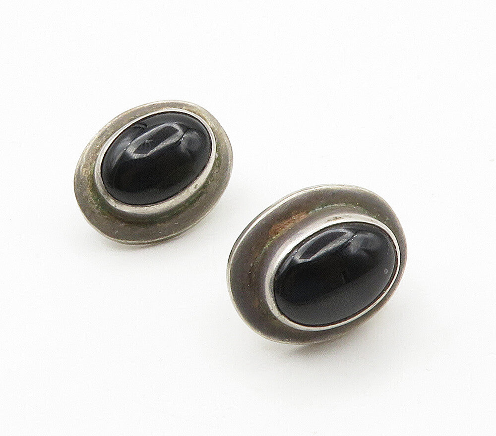 MEXICO 925 Sterling Silver  Vintage Cabochon Black Onyx Drop Earrings  EG7843