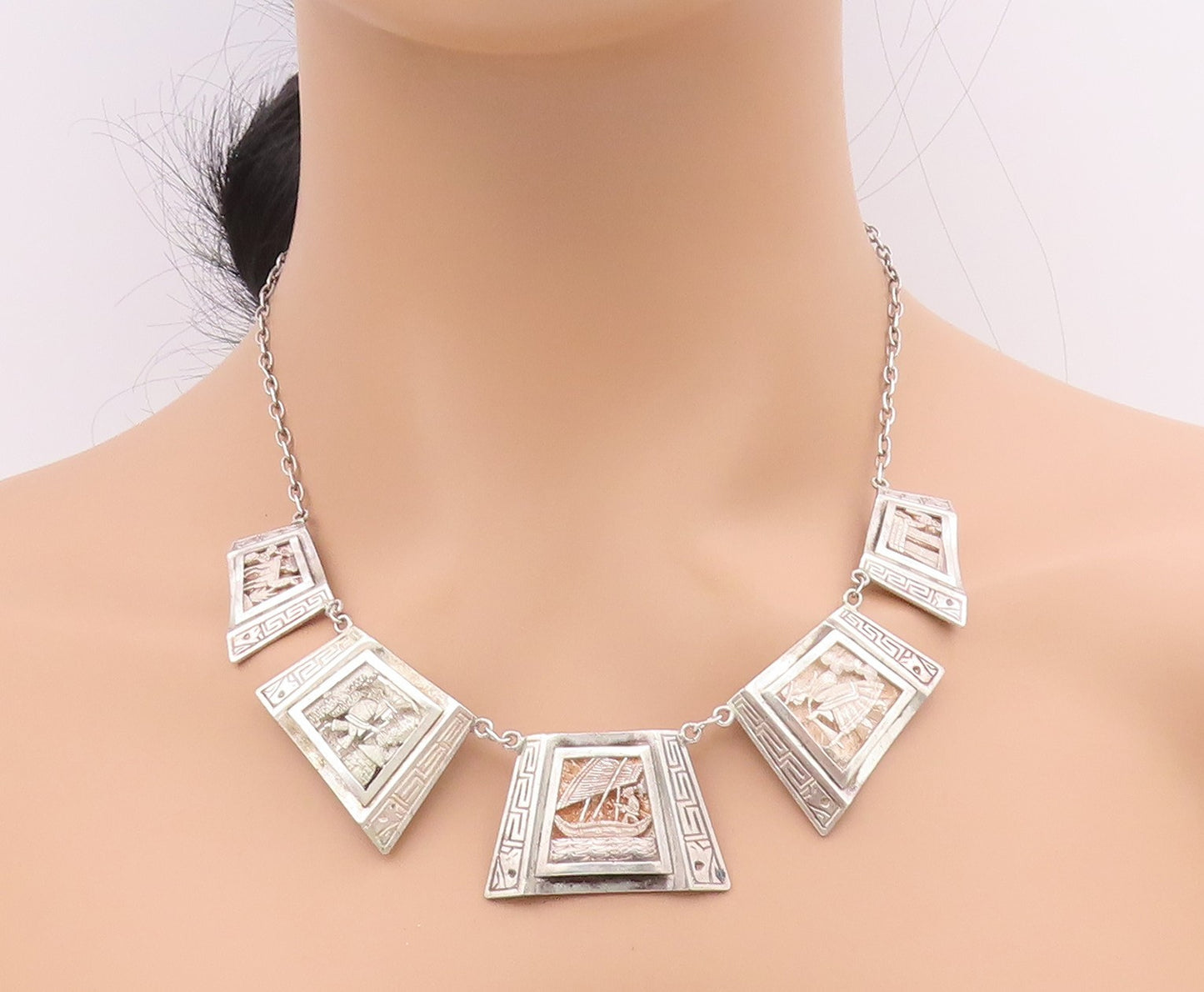 925 Sterling Silver Vintage Necklace Carved Storyteller Panel Choker   NE4684