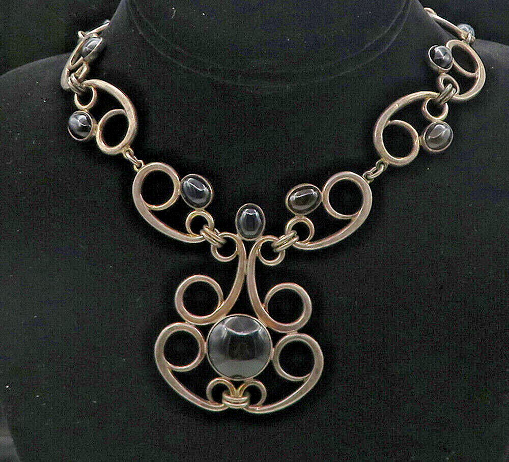 ISRAEL 925 Sterling Silver Vintage Black Onyx Swirl Chain Necklace  NE1416