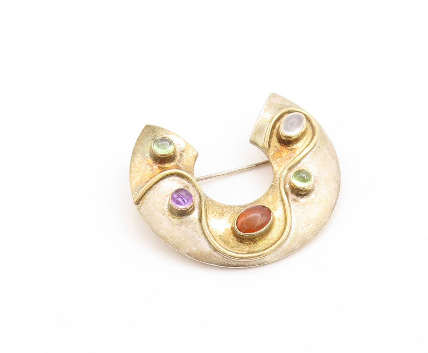 925 Sterling Silver Vintage Brooch Pin Cutout Ring Gemstones Inlay  BP11382