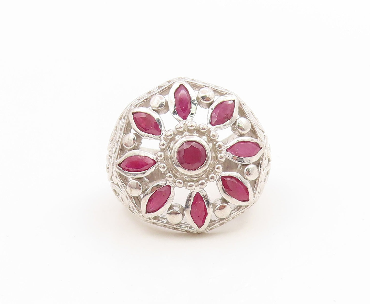 925 Sterling Silver Vintage Ring Ruby Openwork Floral Band  Sz 7.5  RG36168