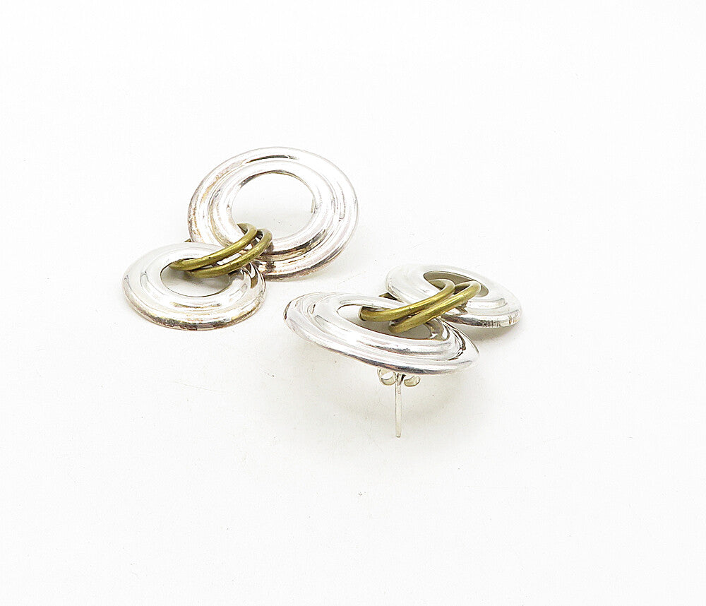 MEXICO 925 Sterling Silver  Vintage Shiny 2 Tone Linked Drop Earrings  EG4859