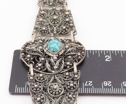 925 Sterling Silver Vintage Bracelet Turquoise Intricate Floral Filigree BT11710