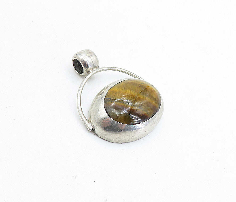 MEXICO 925 Sterling Silver Vintage Tiger's Eye Smooth Oval Pendant PT3468