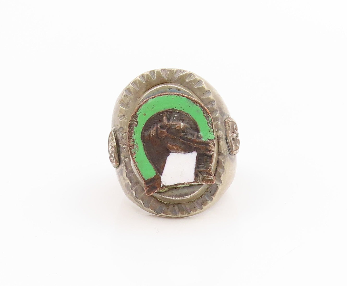 925 Sterling Silver Vintage Ring Antique Enamel Horse & Horseshoe Sz 10 RG34504