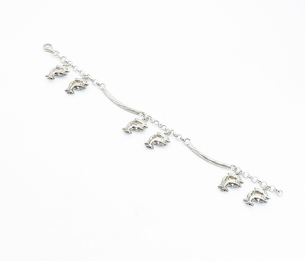 925 Sterling Silver  Polished Dolphin Charmed Bar Link Chain Bracelet  BT3322