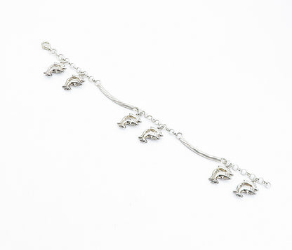 925 Sterling Silver  Polished Dolphin Charmed Bar Link Chain Bracelet  BT3322