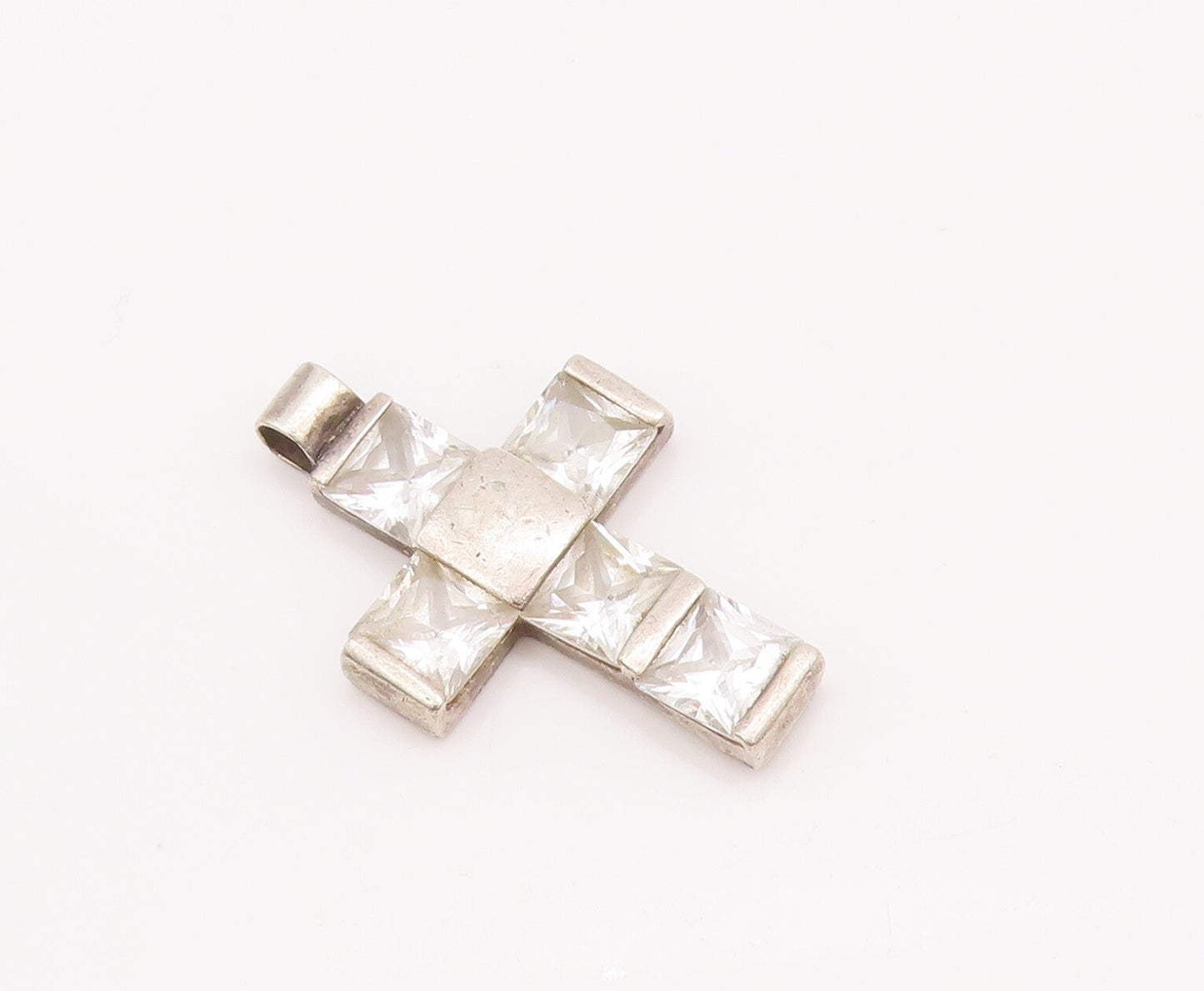 925 Sterling Silver Vintage Pendant Checked Pattern Square Cut CZ Cross  PT23001