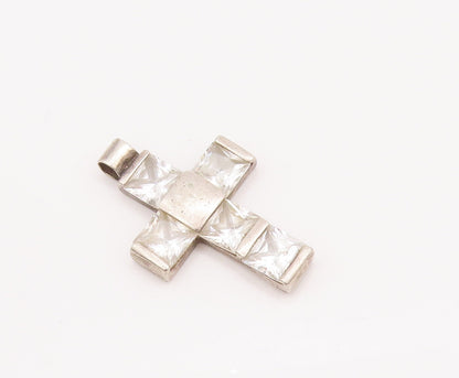 925 Sterling Silver Vintage Pendant Checked Pattern Square Cut CZ Cross  PT23001