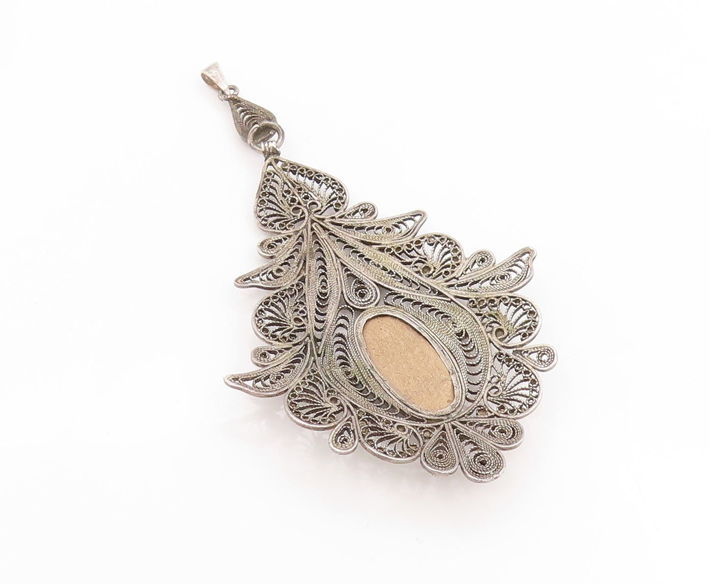 925 Sterling Silver Vintage Pendant Oval Malachite Large Floral Filigree PT25845
