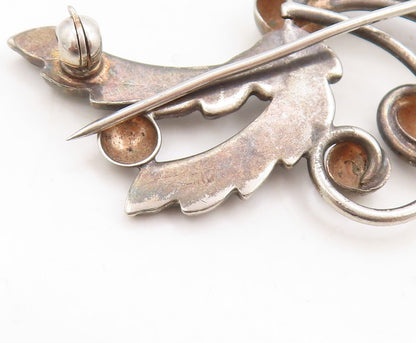 925 Sterling Silver Vintage Brooch Pin Dark Tone Peridot Floral Cutout  BP11318
