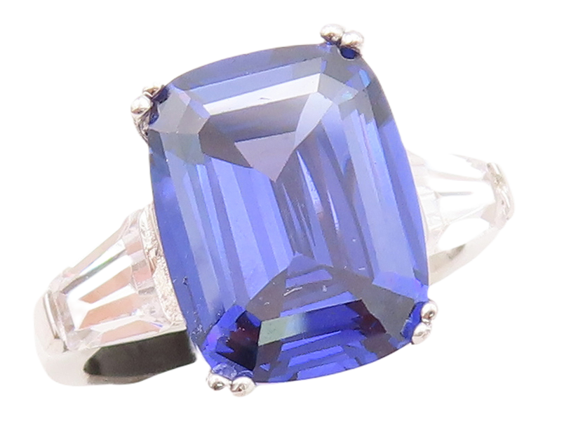 925 Sterling Silver Vintage Ring Rectangle Sapphire & CZ  Sz 7  RG30688