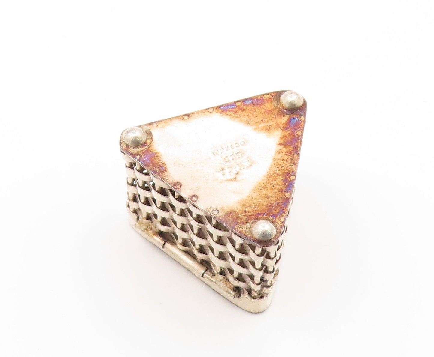 925 Sterling Silver Vintage Trinket Box MEXICO Triangular Basketweave  TR4221