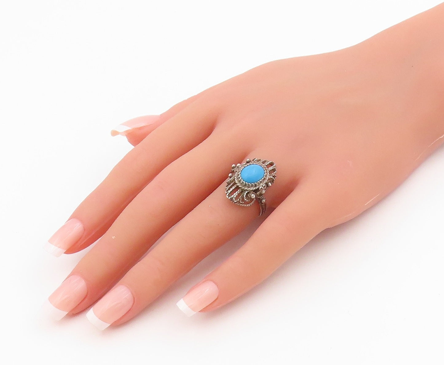 925 Sterling Silver Vintage Ring Oval Turquoise Bohemian Style  Sz 7.5  RG34181