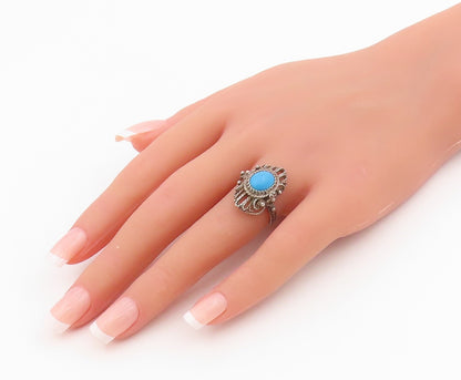 925 Sterling Silver Vintage Ring Oval Turquoise Bohemian Style  Sz 7.5  RG34181