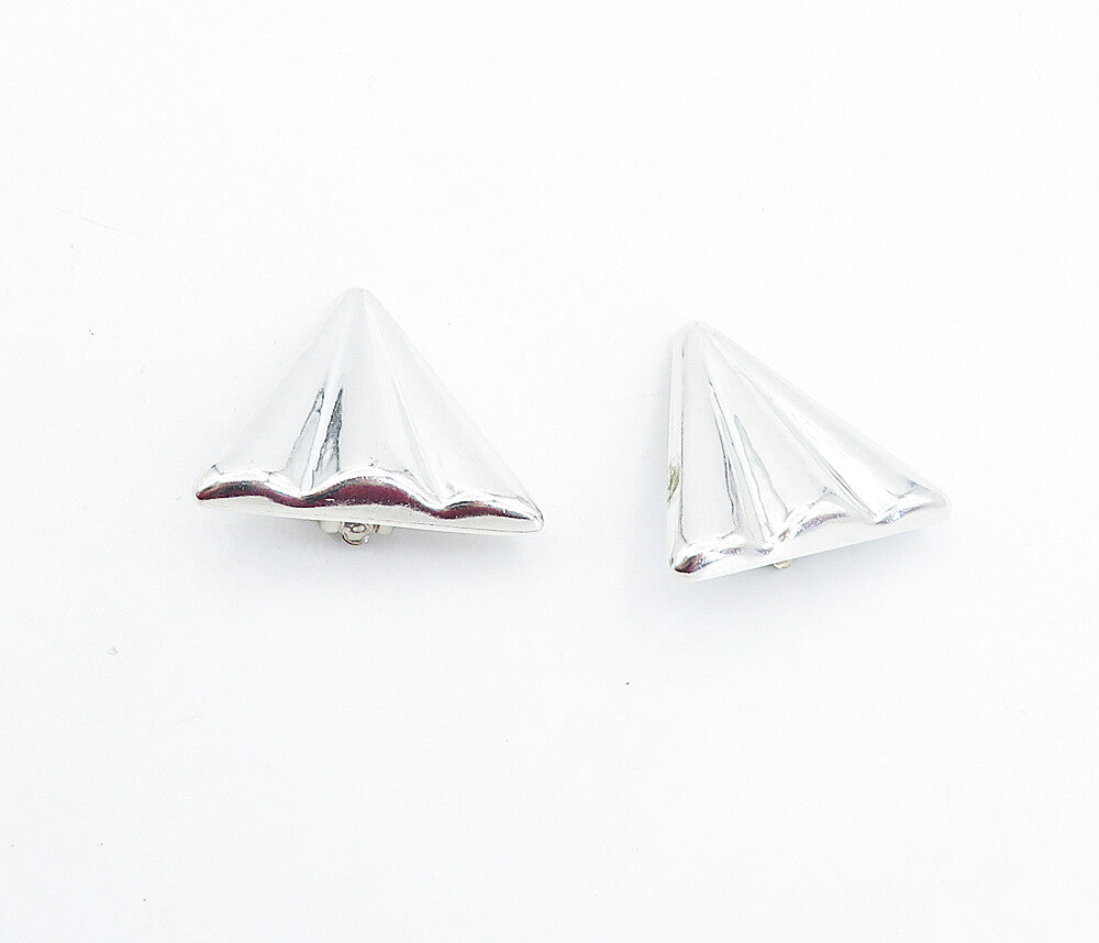 MEXICO 925 Silver  Vintage Shiny Fluted Triangle Non Pierce Earrings  EG2868