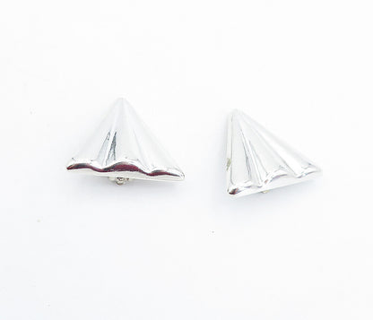 MEXICO 925 Silver  Vintage Shiny Fluted Triangle Non Pierce Earrings  EG2868
