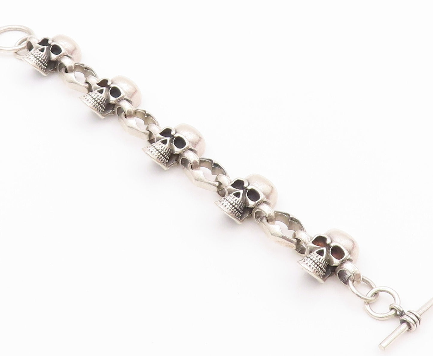 925 Sterling Silver Vintage Bracelet Heavy Carved Skulls Biker Design  BT11124