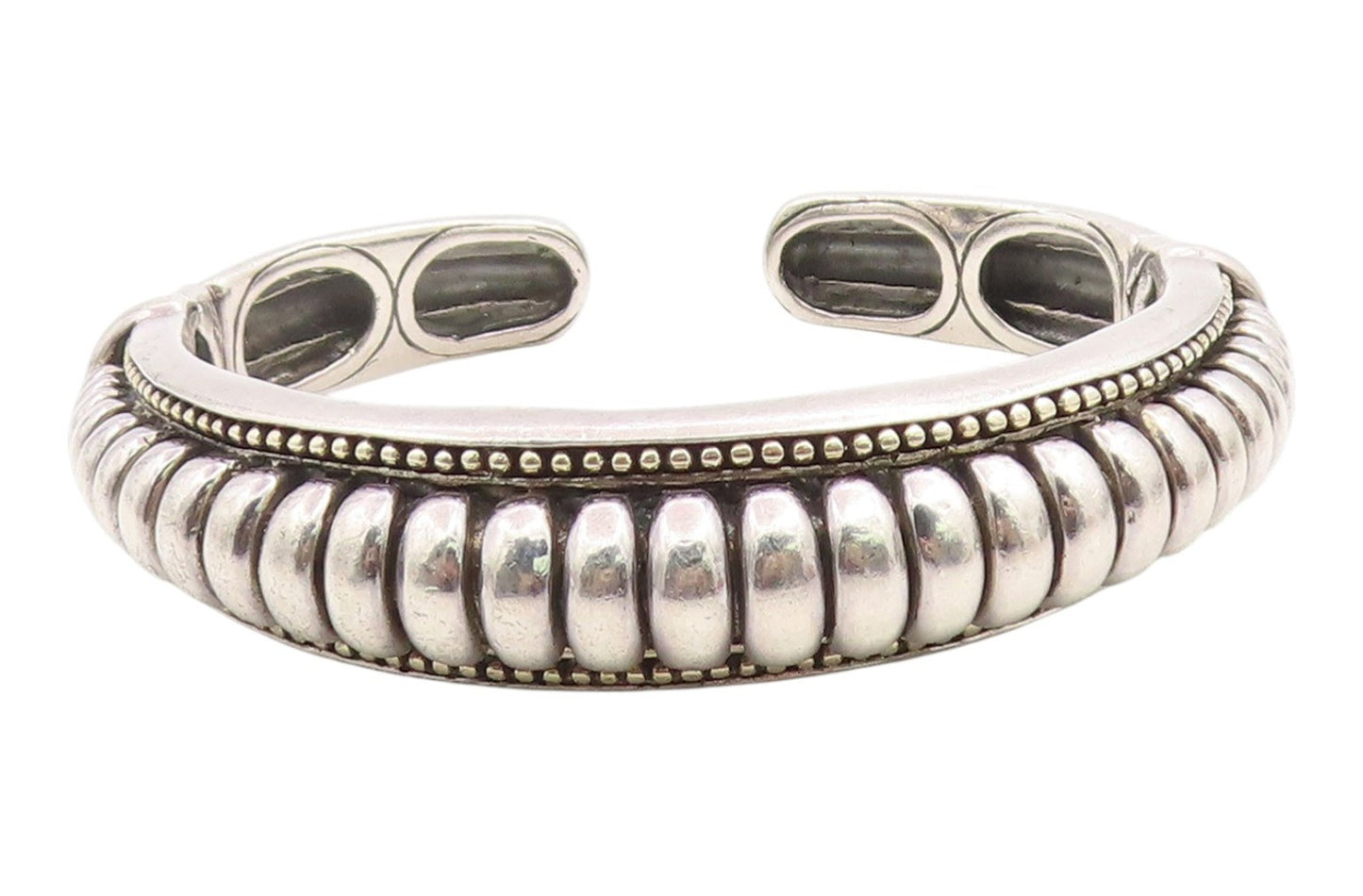 925 Sterling Silver Vintage Bracelet Modernist Solid Ribbed Beaded Cuff  BT12014