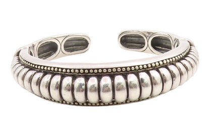925 Sterling Silver Vintage Bracelet Modernist Solid Ribbed Beaded Cuff  BT12014