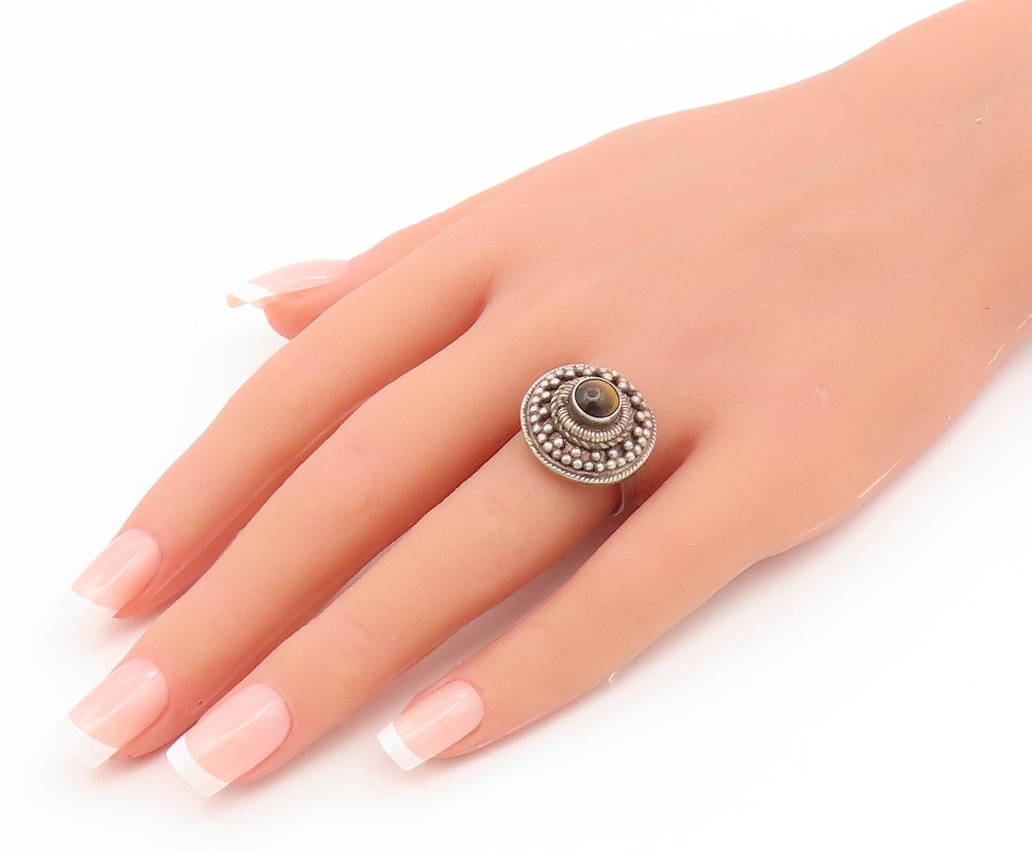 925 Sterling Silver Vintage Ring Round Tiger's Eye Beaded Dome  Sz 8.5  RG35247