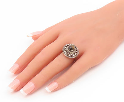 925 Sterling Silver Vintage Ring Round Tiger's Eye Beaded Dome  Sz 8.5  RG35247