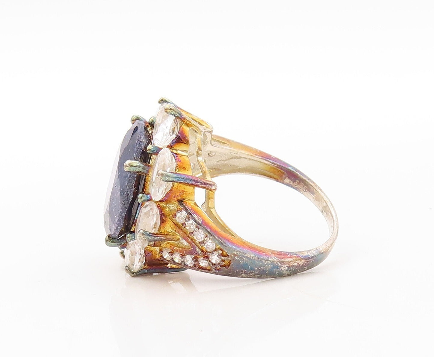 925 Sterling Silver Vintage Ring Sapphire & Topaz Inlay Flower  Sz 9  RG30670