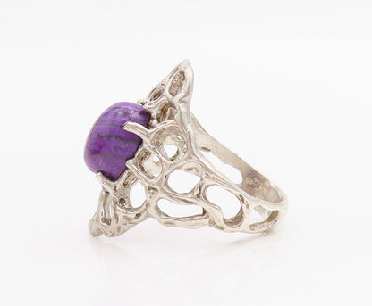 925 Sterling Silver Vintage Ring Brutalist Cutout Cabochon Amethyst Sz 6 RG33221