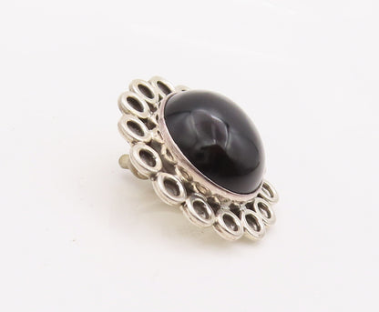 925 Sterling Silver Earrings MEXICO Cabochon Onyx Halo Carved Rings  EG12841