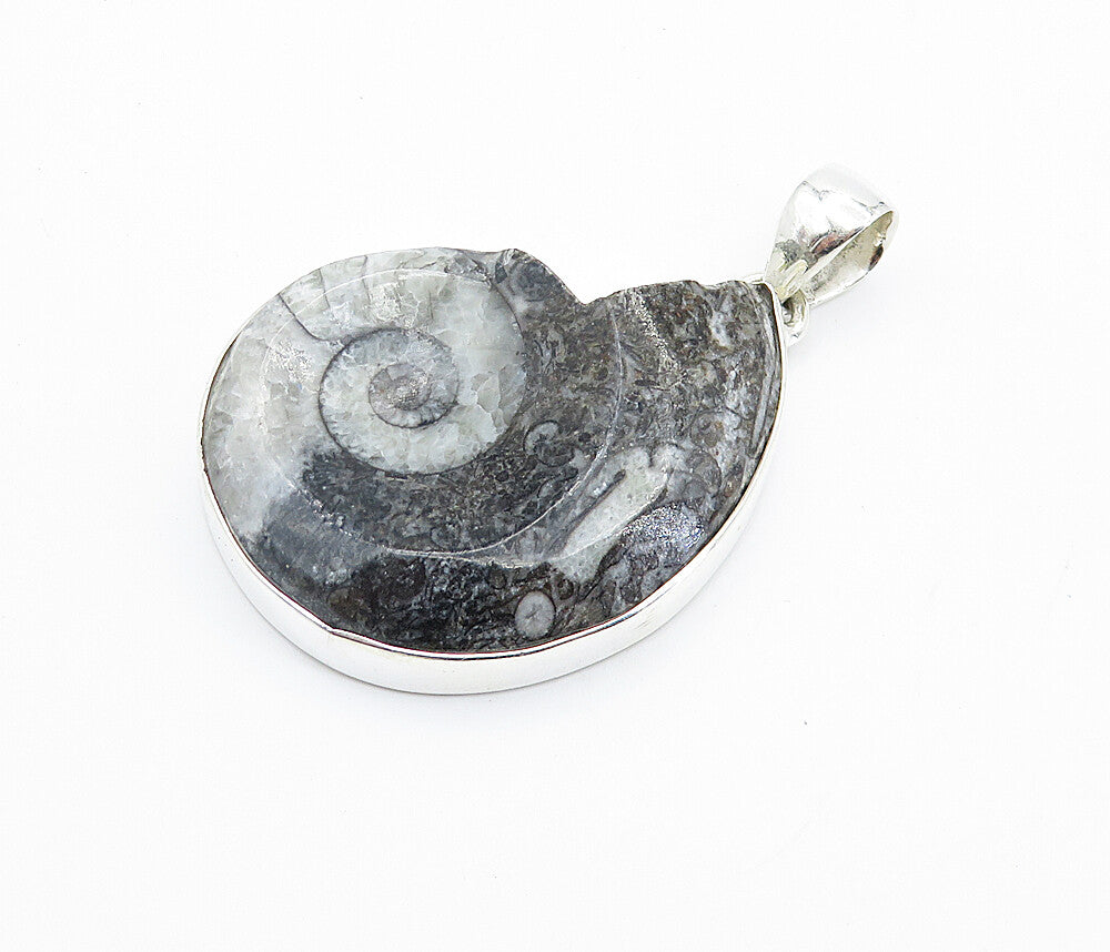 925 Sterling Silver  Grey Jasper Snail Swirl Shiny Drop Pendant  PT6094