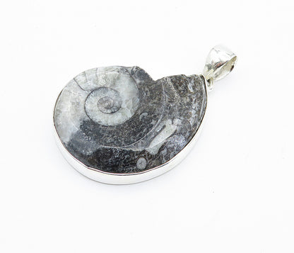 925 Sterling Silver  Grey Jasper Snail Swirl Shiny Drop Pendant  PT6094