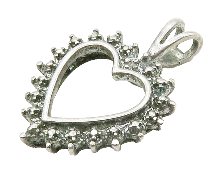 925 Sterling Silver  Vintage Genuine Diamond Open Love Heart Pendant  PT13268