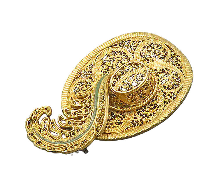925 Sterling Silver  Vintage Filigree Detail Hat With Feather Pendant  PT16406