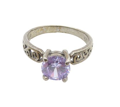 925 Silver  Vintage Purple Cubic Zirconia Swirl Solitaire Ring Sz 7  RG19274