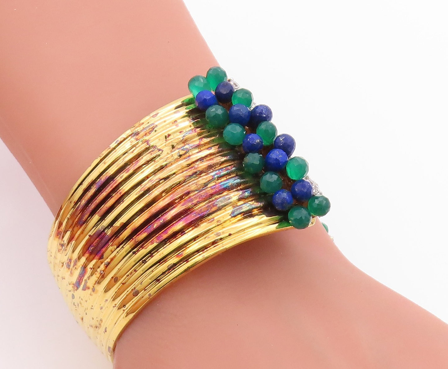 925 Sterling Silver Vintage Bracelet Gold Plated Sapphire Emerald Topaz  BT11344