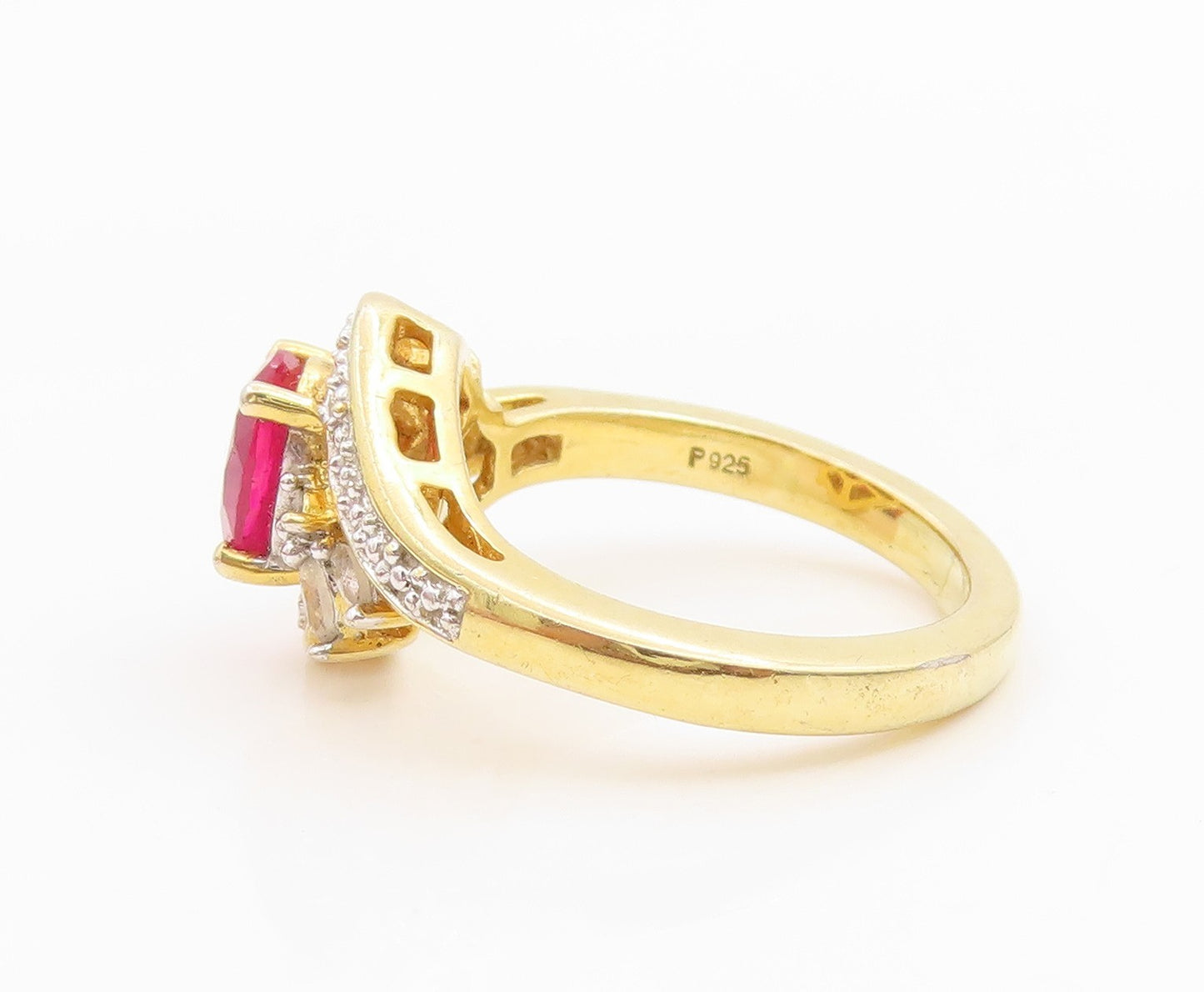 925 Sterling Silver Vintage Ring Gold Plated Ruby & Topaz Band  Sz 8  RG35917