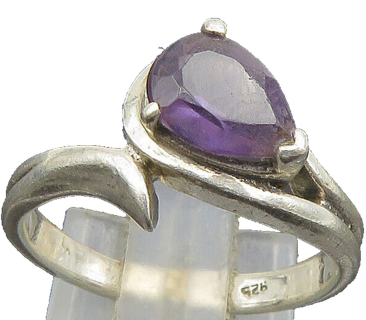 925 Sterling Silver  Vintage Pear Shaped Amethyst Bypass Ring Sz 7  RG25154