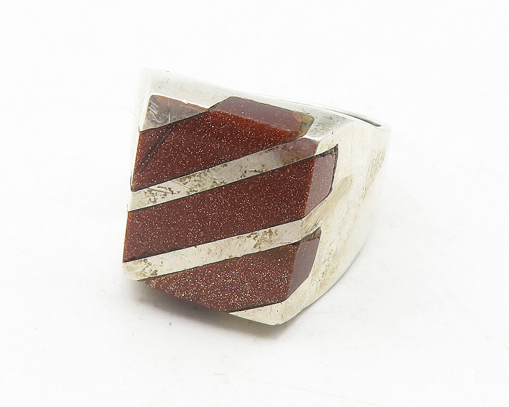 MEXICO 925 Sterling Silver Vintage Goldstone Striped Cocktail Ring Sz 12 RG12051