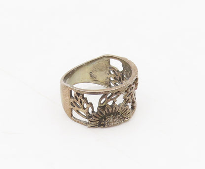 925 Sterling Silver Vintage Ring Detailed Carved Sunflower Sz 5.5  RG27685