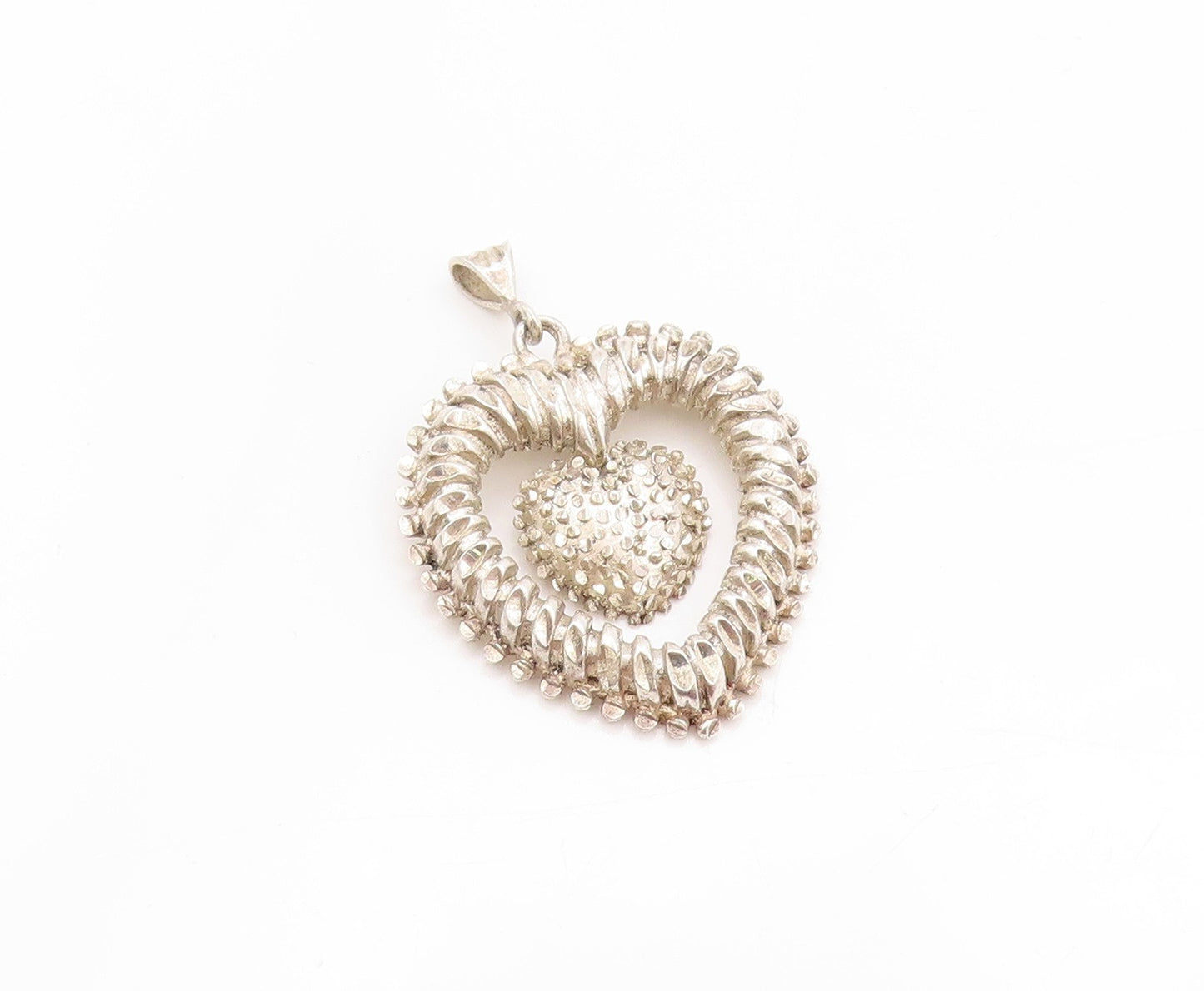 925 Sterling Silver Vintage Pendant Modernist Heart With Dangling Heart  PT24172