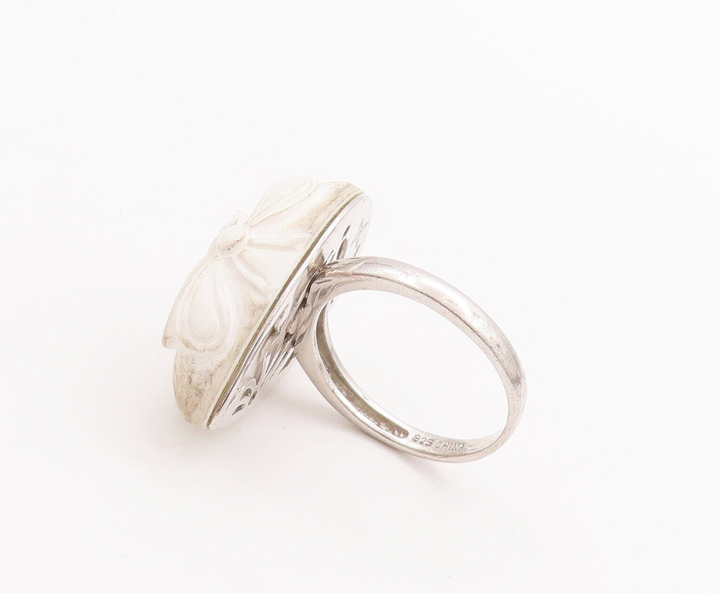 925 Sterling Silver Vintage Ring Flower Carved White Gemstone  Sz 10.5  RG28636