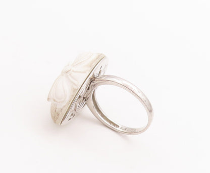 925 Sterling Silver Vintage Ring Flower Carved White Gemstone  Sz 10.5  RG28636