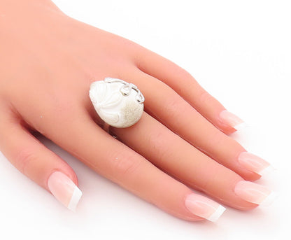 925 Sterling Silver Vintage Ring Flower Carved White Gemstone  Sz 10.5  RG28636