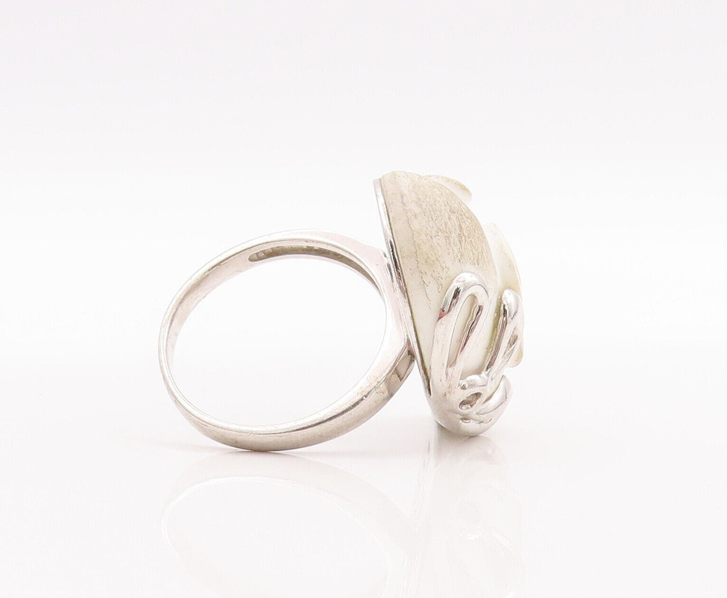 925 Sterling Silver Vintage Ring Flower Carved White Gemstone  Sz 10.5  RG28636