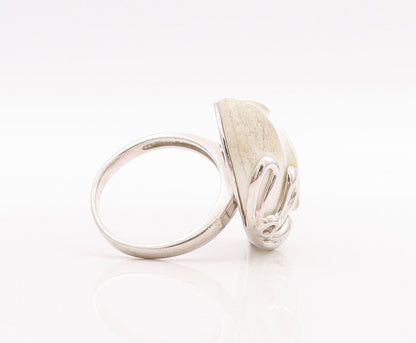925 Sterling Silver Vintage Ring Flower Carved White Gemstone  Sz 10.5  RG28636
