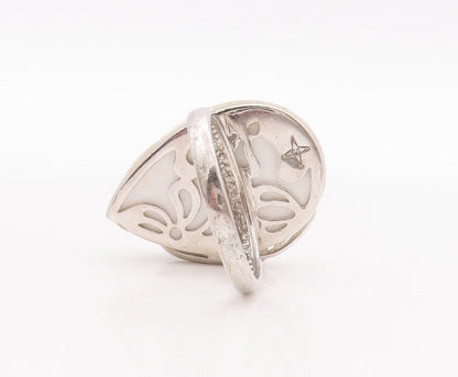 925 Sterling Silver Vintage Ring Flower Carved White Gemstone  Sz 10.5  RG28636