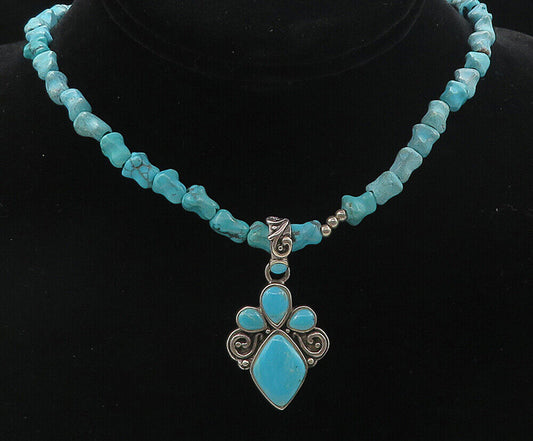 BARSE 925 Silver - Vintage Rough Turquoise Shiny Swirl Beaded Necklace - NE1436