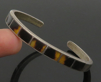 ZUNI NAVAJO 925 Silver - Vintage Inlaid Amber Rectangle Cuff Bracelet - BT9221