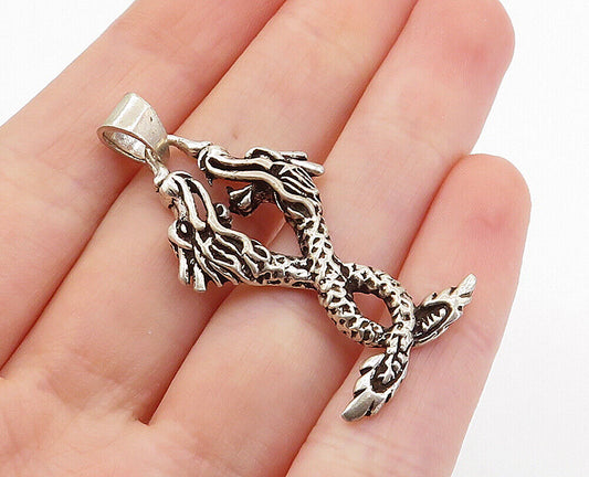 925 Sterling Silver - Vintage Infinity Twist Double Dragon Drop Pendant - PT5488