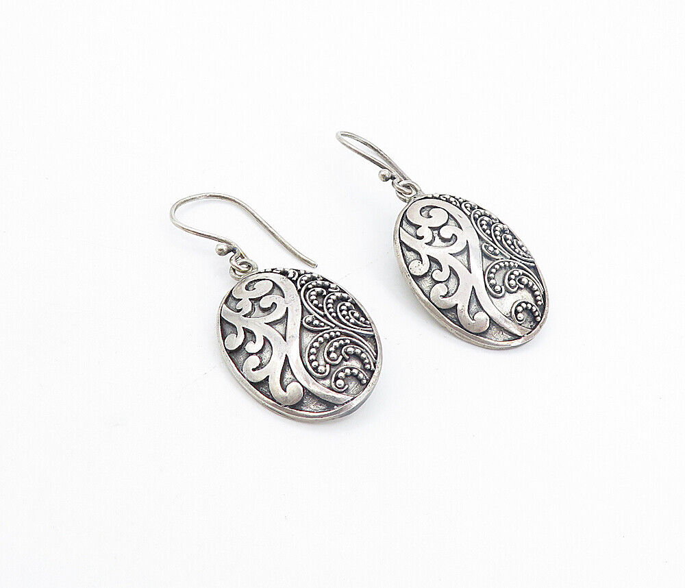 925 Sterling Silver - Vintage Dark Tone Swirl Dome Oval Dangle Earrings - EG3596